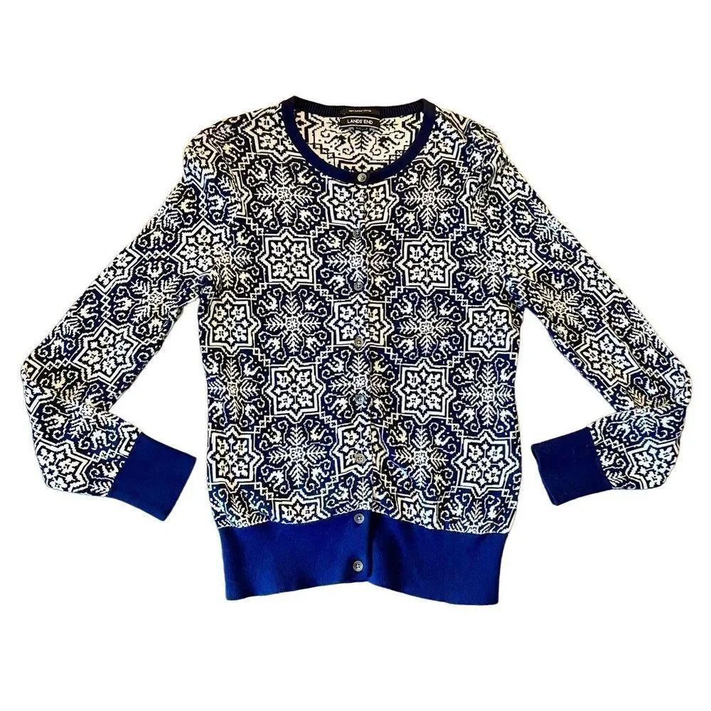 Lands End supima cotton blue and white printed cardigan small